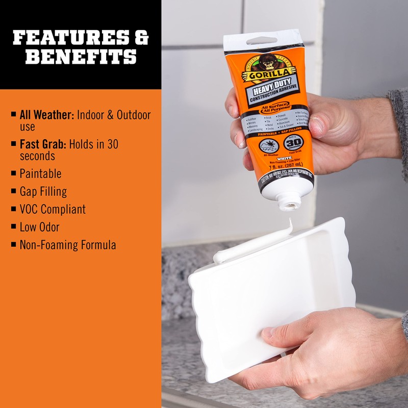 Gorilla Heavy Duty Construction Adhesive, 7 Ounce Squeeze Tube, White,