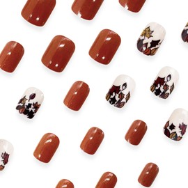 Square Press on Nails Short Fake Nails Fall Nails Press ons Glossy Glue on Nails Acrylic False Nails with Fallen Leaves Designs Brown Full Cover Thanksgiving Stick on Nails for Women 24Pcs