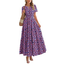 BTFBM Summer Dresses for Women 2025 Floral Casual Short Sleeve V Neck Elastic Waist Maxi Wedding Guest Dress Pockets(Floral Red Blue, Large)