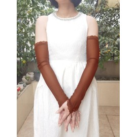 YHDDYG Sheer Gloves Women Fingerless Elbow Length Lace Bride Gloves Mesh Tulle Fingerless Gloves Opera Evening Party S66, Brown, One Size