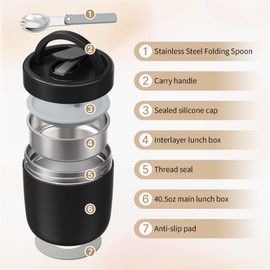 Pawtong 40.5oz Thermo for Hot Food Adults, Soup Thermo Lunch Containers with Wide Mouth & Spoon, Stainless Steel Vacuum Insulated Food Jar, Food Thermos with Handle(Black)