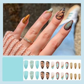 24 Pcs Spring Blue Press on Nails Short Almond - YIHONGYUAN Acrylic Nail Art Fake Nails Press ons Nail Glue on Nails Full Cover False Nails French Gradient 3D Ripple Pteris Butterfly Manicure Kit