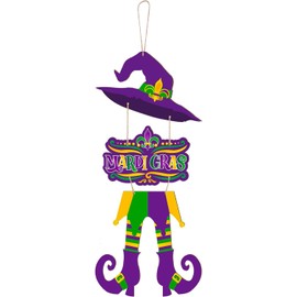 Mardi Gras Front Door Sign Witch Hat Legs Mardi Gras Beads Carnival Wooden Front Door Hanger Purple Yellow Green New Orleans Vertical Wood Hanging Sign Decoration for Wall Rustic Farmhouse Porch Decor