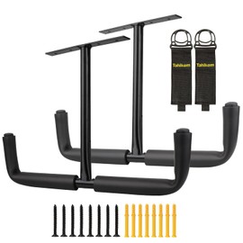 Tahikem 2 Set Overhead Garage Storage Rack, Heavy Duty Overhead Storage Double Hook, Ceiling Mount Hanger Safe Racks Hooks, Hanging for Lumber Ladder Storage & Other Bulky Items (Pack of 2 - Black)