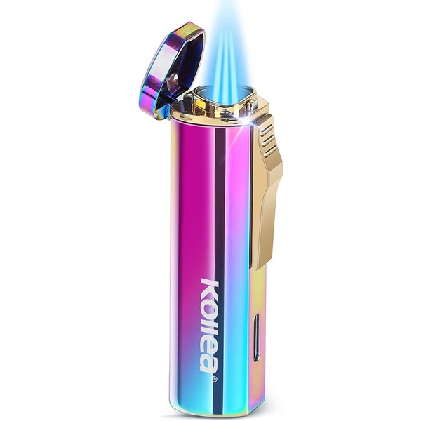 Kollea Torch Lighter, Triple Jet Butane Lighter Refillable Windproof Lighter, Rainbow Pocket Lighter with Adjustable Flame, Great Gift for Men for Birthday, Christmas (Butane Gas Not Included)