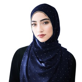ANKOMINA Women Soft Chiffon Rhinestone Long Scarf Shawl Fashion Muslim Hijab Head Wrap Scarves, Navy, One Size (yf-210614140Y)