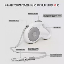 LMX Retractable Dog Leash, 3 m High Strong Nylon Tape, Automatic Telescopic Tractor Dog Tape,Tangle-Free, One-Handed Brake, Pause,Lock, for Dogs Up to 50 kg (Grey)