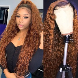 Fabimiya Chocolate Curly Human Hair Wig Lace Frontal Closure 30 Inch Jerry Curly Human Hair Wig Pre Plucked Pre Cut Lace Frontal Closure Glueless Wigs Elastic Band 200% Density