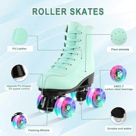 jessie PU Leather Roller Skates Roller Skates for Women Outdoor and Indoor Adjustable Four-Wheel Premium Roller Skates for Women Men Boys and Girls (Flash Wheel,Women's 8/ Men's 6.5)