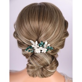 Teyglen Green Crystal Leaf Pearl Hair Comb Dainty Flower Wedding Hair Comb Bridal Rhinestone Pearl Hair Piece Wedding Headpiece Hair Accessories for Women (Peacock green)