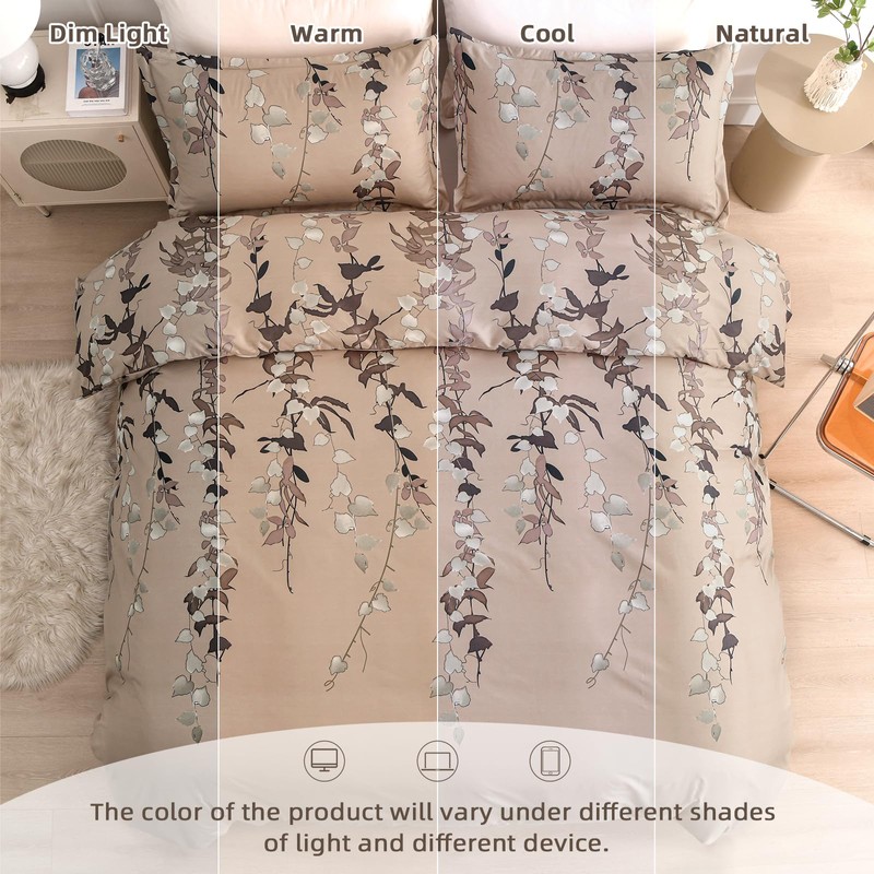 Double Duvet Set Botanical Brown Bedding Set Polyester Breathable Stylish