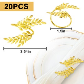 SITAKEGS 20 PCS Gold Napkin Rings, Leaf Napkin Holder Rings Metal Wheat Leaf Napkin Rings, Serviette Rings Bulk Delicate Napkin Circles Dining Table Decor for Wedding Birthday Valentine's Day