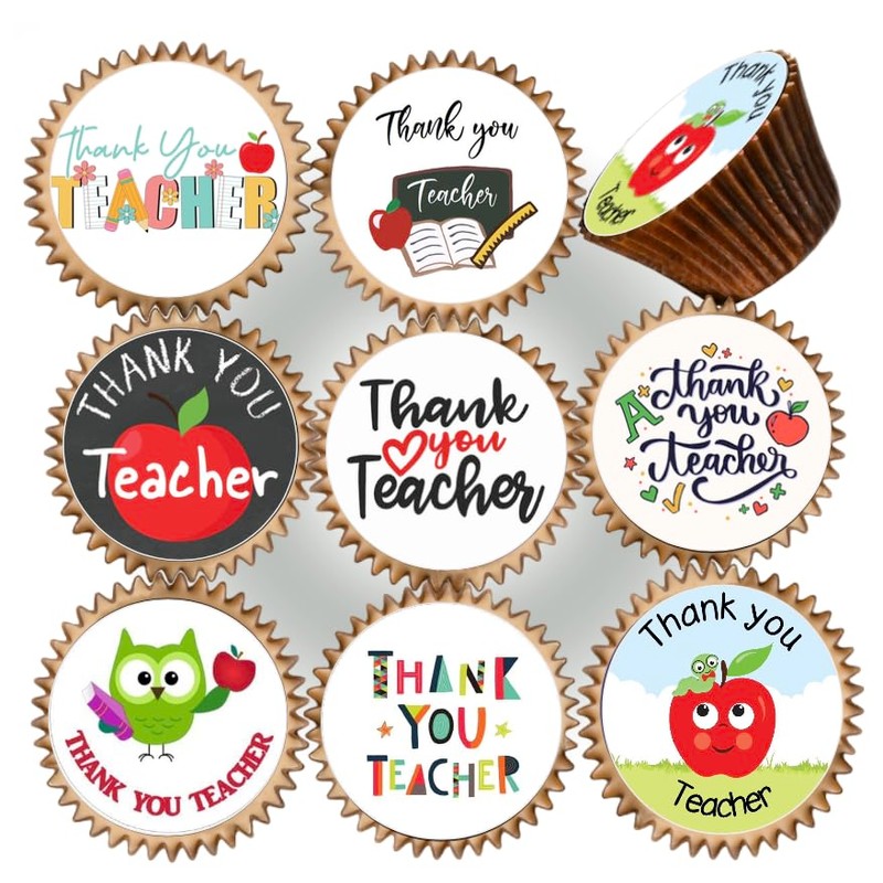 24 x PRE CUT THANK YOU TEACHER MIXED IMAGES EDIBLE