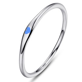 Bonlavie 925 Sterling Silver Rings for Women Simple Heart Ring with Blue Enamel Wedding Band Stackable Promise Ring for Her Birthday Valentine Jewelry Gifts Size S