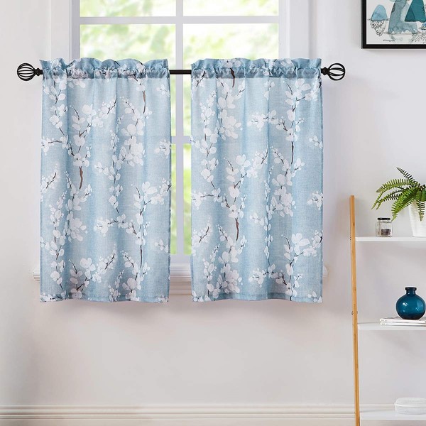 FMFUNCTEX Blue White Tier Curtains 36-inch Length for Kitchen Windows White Blossom Print Half Bathroom Window Curtain Panels 36" Length Café Curtains for Privacy Floral Design 2 Panels