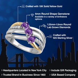 Gem Stone King 925 Silver and 10K Yellow Gold Purple Amethyst and Lab Grown Diamond Engagement Ring For Women | 0.90 Cttw | Round 4MM | February Birthstone | Size 9