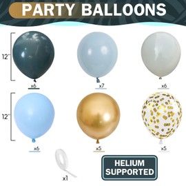HILAVO HILAVO Dusty Blue Balloons 12 Inch Pastel Fog Blue Slate White Sand Metallic Gold Confetti Party Balloons Light Baby Blue White Gold Latex Balloon for Boy Baby Shower Birthday Wedding Party Decoration
