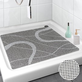 Mavicen Non-Slip Shower Mat, 60 x 60 cm, Soft PVC Loofah Bath Mat with Drain Opening, Safe Massage Shower Mats for Seniors, Quick Drying Bath Mat, Grey Lines
