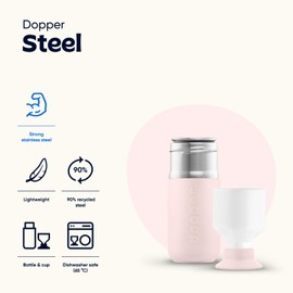 Dopper Steel 350 ml Soft Pink Stainless Steel Water Bottle, BPA-Free Water Bottle, 18/8 Stainless Steel, Leak-Proof, Sports Bottle for Sports, Outdoor and Office