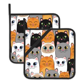 Cat Pot Holder Set of 2,Cute Cartoon Cats Kitchen Heat Resistant Potholder for Women Men BBQ Cooking Baking