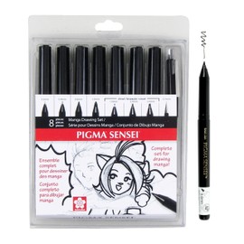 Sakura Pigma Sensei Manga Drawing Kit - Archival Black Ink Pens - Pens for Drawing Manga, Cartoon, & More - Assorted Nib Sizes - 8 Pack