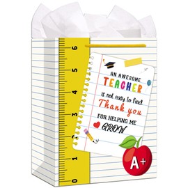 JUESMOS Teacher Appreciation Gift Bag 13" Thank you Teacher Gift Bag with Tissue Paper Thank You for Helping Me Grow Bags for Graduation Retirement Teachers Appreciation Paper Bags with Handles
