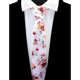 GUSLESON White Floral Ties for Men Red Pink Olive Slim Cotton Tie for Wedding Groomsmen Skinny Necktie (0943-29)