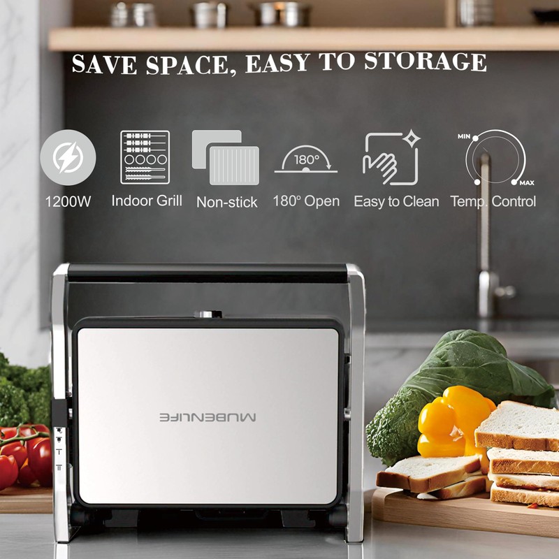MUBENLIFE Panini Press, Electric Sandwich Press Grill, Open 180 Degrees,