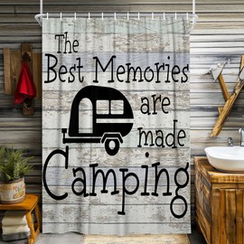 NYMB Camping Shower Curtains for Bathroom, Farmhouse Camper RV Fabric Shower Curtain Accessories for Travel Trailers, Happy Camp Decorations Bathroom Set Decor Hooks Included (47"" W X 64"" H)