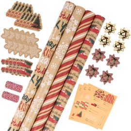 RUSPEPA Christmas Wrapping Paper Set - 4 Rolls of Kraft Wrapping Paper (30 Inches x 10 Feet Per Roll) with 8 Gift Bows, 1 Spools of Bakers Twine, Jute String, 30 Stickers and 30 Gift Tags - Red