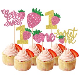 30 piezas de decoración de fresa, una magdalena con purpurina, bayas dulces, un primer cumpleaños, fresas para cupcakes, para baby shower, niños y niñas, suministros para decoración de tartas de primer cumpleaños, color rosa