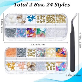 CRASPIRE 2 Boxes Natural Ocean Nail Art Charms Kit 3D Summer Beach Seashell StarfishConch Tweezer Nail Rhinestones Abalone Nails Flakes Studs Gems Beads Irregular Stone for DIY Women Design Decor