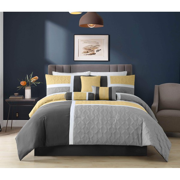 Chezmoi Collection Upland 7-Piece Quilted Patchwork Comforter Set, Yellow/Charcoal/Gray, Full