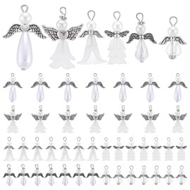 PH PandaHall 48pcs 6 Styles Angel Wing Charms, White Pearl Beads Flower Caps with Antique Silver Wing Angel Fairy Beads Dangle Pendants for DIY Necklace Bracelet Jewelry Keychain Making