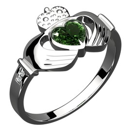 GWG Jewellery 925 Sterling Silver Claddagh Ring with Crown and Emerald Green Heart Embraced with Arms – 5 in Gift Box for Women