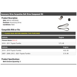 Accessory Serpentine Belt Drive Component Kit - 8-Groove - Compatible with 2007-2021 Toyota Tundra 4.6L 5.7L