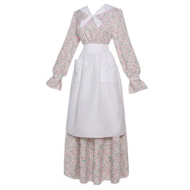 Vibsion Colonial Prairie Dress Costume Women Amish Old Fashioned Floral Dresses Pilgrim Pioneer Trek Clothing 3 Pcs XL