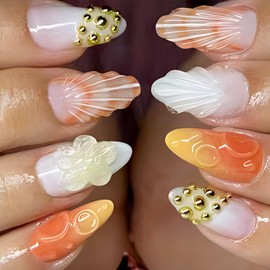 LBPEPAMZ Colorful Press on Nails Medium Almond Fake Nails with 3D Shell Gold Bead Designs Stereo Flower Yellow Gradient French Tips Stick on Nails Full Cover Glossy Acrylic False Nails for Women 24Pcs
