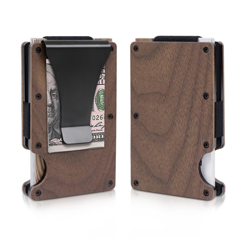 MADERICO Men's Wooden Wallet Minimalist Elegant Metal Clip Credit Card