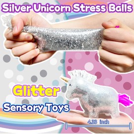 Unicorn Glitter Stress Ball Stretchy Squeeze Toys | Animal Squishy Balls, Stress Relief Fidget Toys for Adults | Stretchy Squish Stress Ball for Party Favors (Silver)