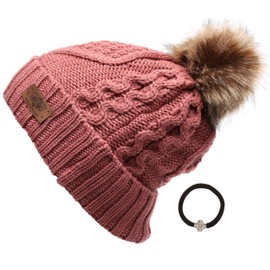 ANGELA & WILLIAM Women's Winter Fleece Lined Cable Knitted Pom Pom Beanie Hat with Hair Tie.(Pink)