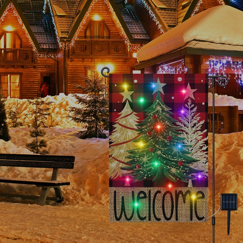 Lighted Christmas Garden Flag 12x18 Double Sided, 8 Modes Solar