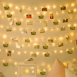 ELVVORY 100 LED 60 Photo Clips String Lights 33FT Fairy Lights for Hanging Pictures Cards Memos 3AA Battery(Not Include) Powered with Switch Perfect for Bedroom Wedding Dorm Christmas -Warm White