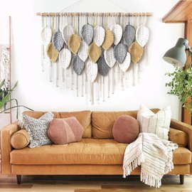 Weldomcor Macramé Wall Hanging Large Tapestry Woven Wall Hanging Boho Macramé Leaf Wall Decoration Feather Chic Woven Art for Bedroom Living Room Decoration, 100cm Yellow