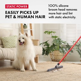 2-in-1 Silicone Rubber Broom Carpet Rake and Squeegee - Swivel Pet Hair Removal Broom with 1 Piece Long Handle - Slanted Side Bristles for Corners - Multipurpose Broom for Carpet, Hardwood Floor, Tile