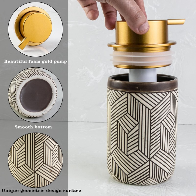 GIRLUFO Handmade Brown Foam Soap Dispenser,Ceramic Hand Soap Dispenser with