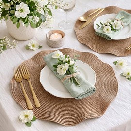 Irenare Scalloped Wedding Rattan Placemats Set of 6 Woven Round Placemat 15 Inch, Wicker Chargers Rattan Table Mat for Dining Table Cup Vase Home Holiday Birthday Party
