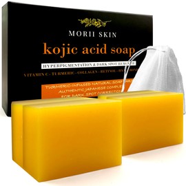 Organic Turmeric Soap Bar for Face, Kojic Acid Soap for Hyperpigmentation, Premium Japanese Formulated Kojic Soap Enriched with Vitamin C, Retinol, Collagen | 4-Bars + Mesh Net, 3.53 oz Each