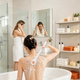 Cepillo exfoliante de espalda para ducha con dispensador de líquido y cerdas suaves