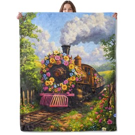 Lugiu Floral Steam Train Blanket, Lightweight Comfy Vintage Locomotive Blankets & Flower for Couch Sofa Bedroom, Soft Plush Travel Flannel Throw Blanket Gifts for Adults Kids Women, Home Decor 60×50in